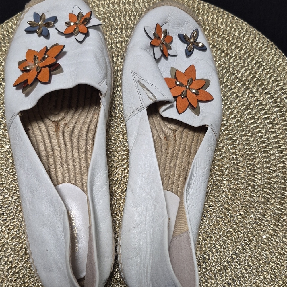 Michael Kors White Loafers with Orange Floral Embellishments